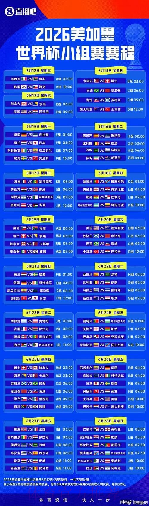 2026世界杯小组赛赛程一览实时赛程直播平台